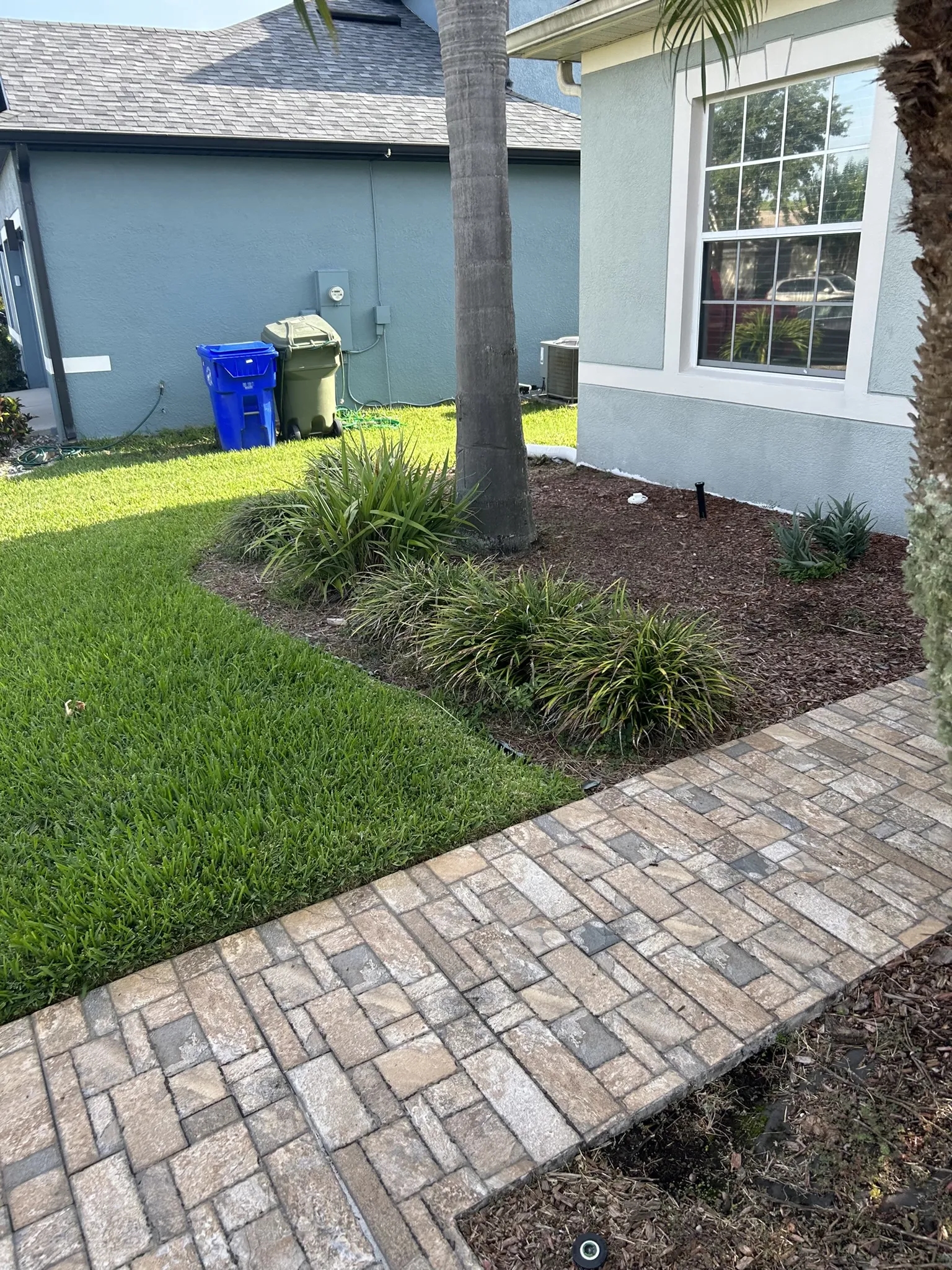 A sprinkler system and landscape lighting installation in a residential backyard. The sprinkler system is watering the grass, while the landscape lighting is illuminating the walkway and plants.