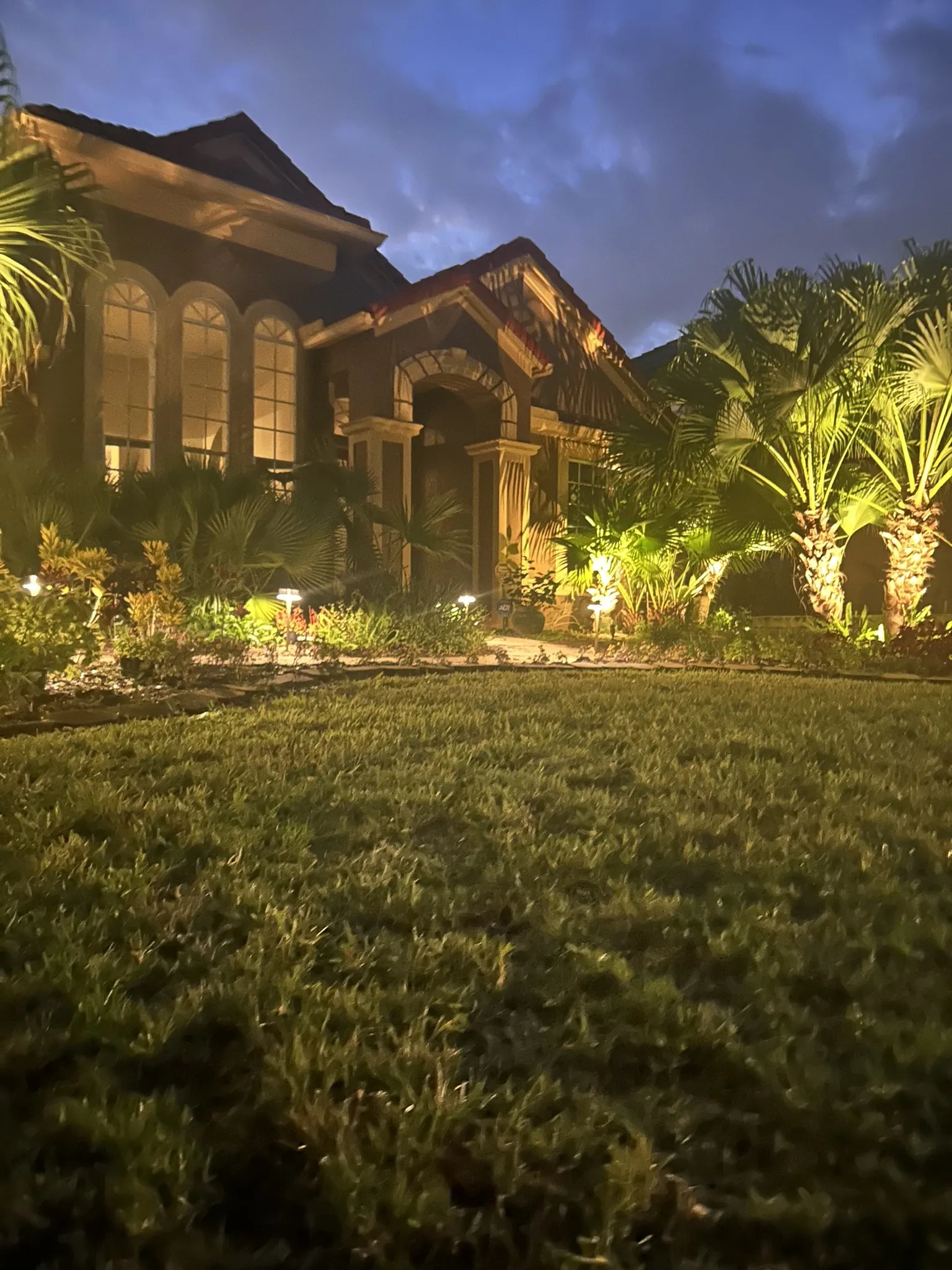 A well-lit pathway leads up to a house with palm trees and lush landscaping.